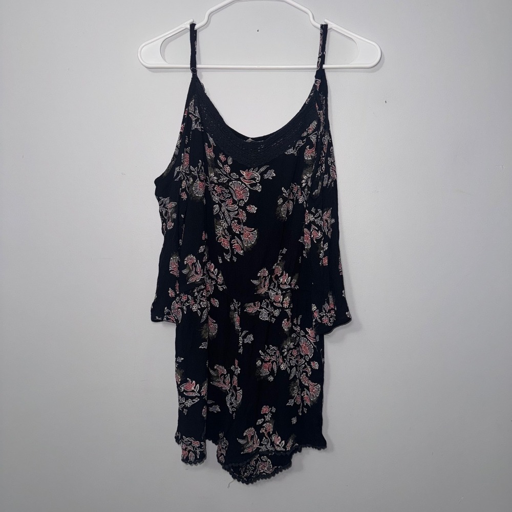 Mudd Women's Black Floral Cold Shoulder Romper Spaghetti Straps Size Large